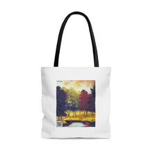 Load image into Gallery viewer, "Still Autumn" with "God's Love for Man" QR code Tote Bag