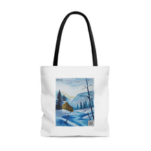 Load image into Gallery viewer, "Blue Winter" with "The Invitation" QR code Tote Bag